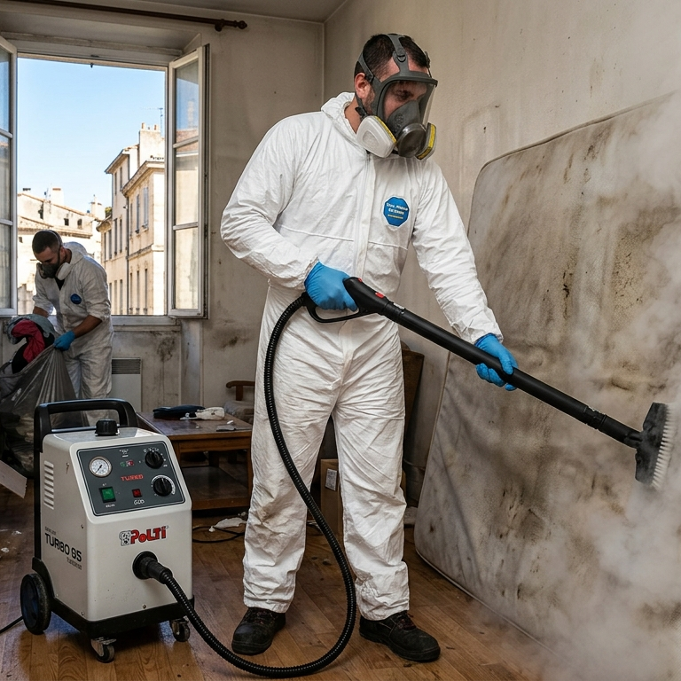 Nettoyage et désinfection choc par vapeur haute pression (système Polti 5 bars, 120°C-150°C) d'un logement insalubre à Montpellier par Tech-