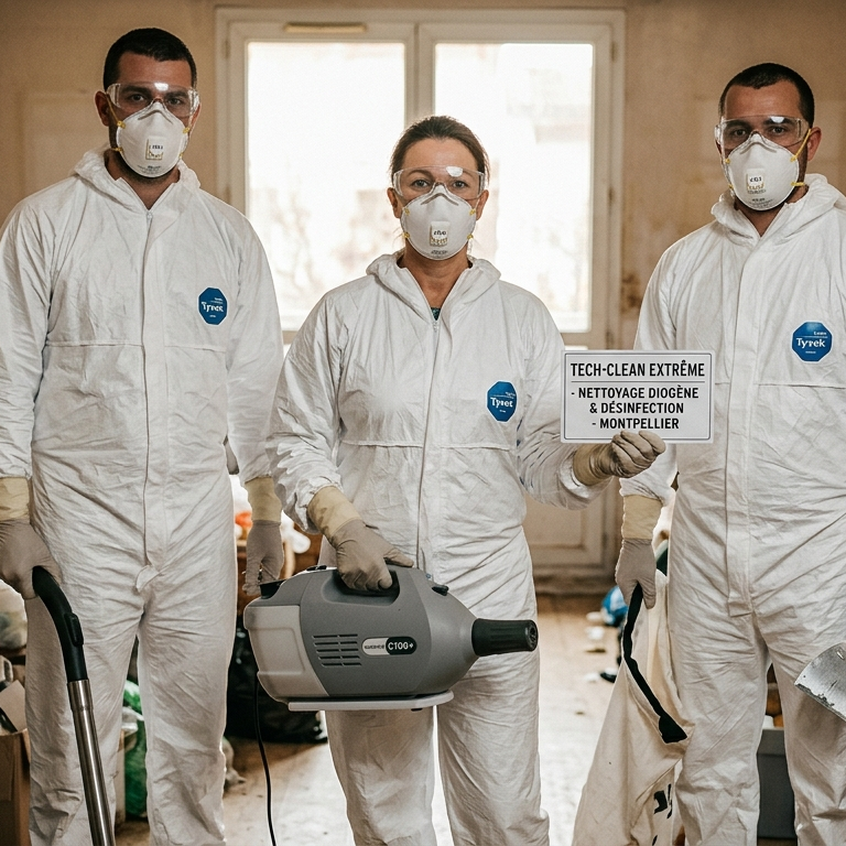 Équipe de nettoyage technique Tech-Clean Extrême équipée de protections EPI et matériel professionnel à Montpellier.