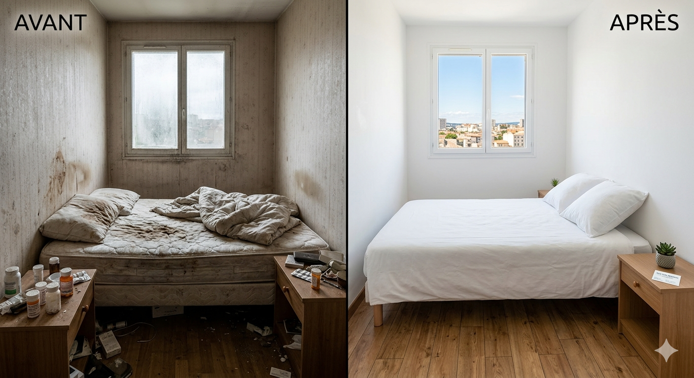 Résultat d'un nettoyage après décès et désinfection professionnelle dans l'Hérault par Tech-Clean Extrême.