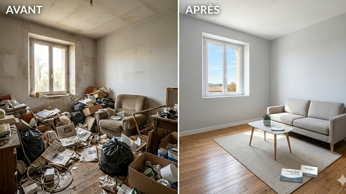 Avant-après d'un débarras de maison pour syndrome de Diogène à Montpellier par Tech-Clean Extrême.